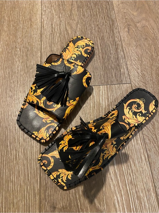 Shoes - Black and Gold Tassel Slide Sandals - Women's Fashion Slides